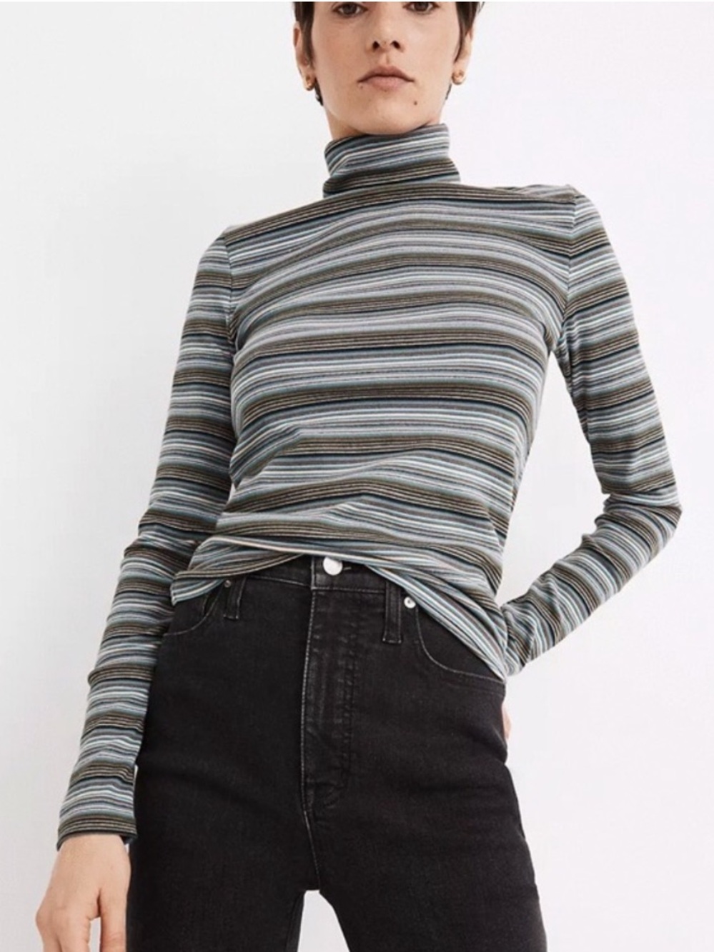 Madewell Ribbed Turtleneck Top in Banbury Stripe MB140 Faded Palm L